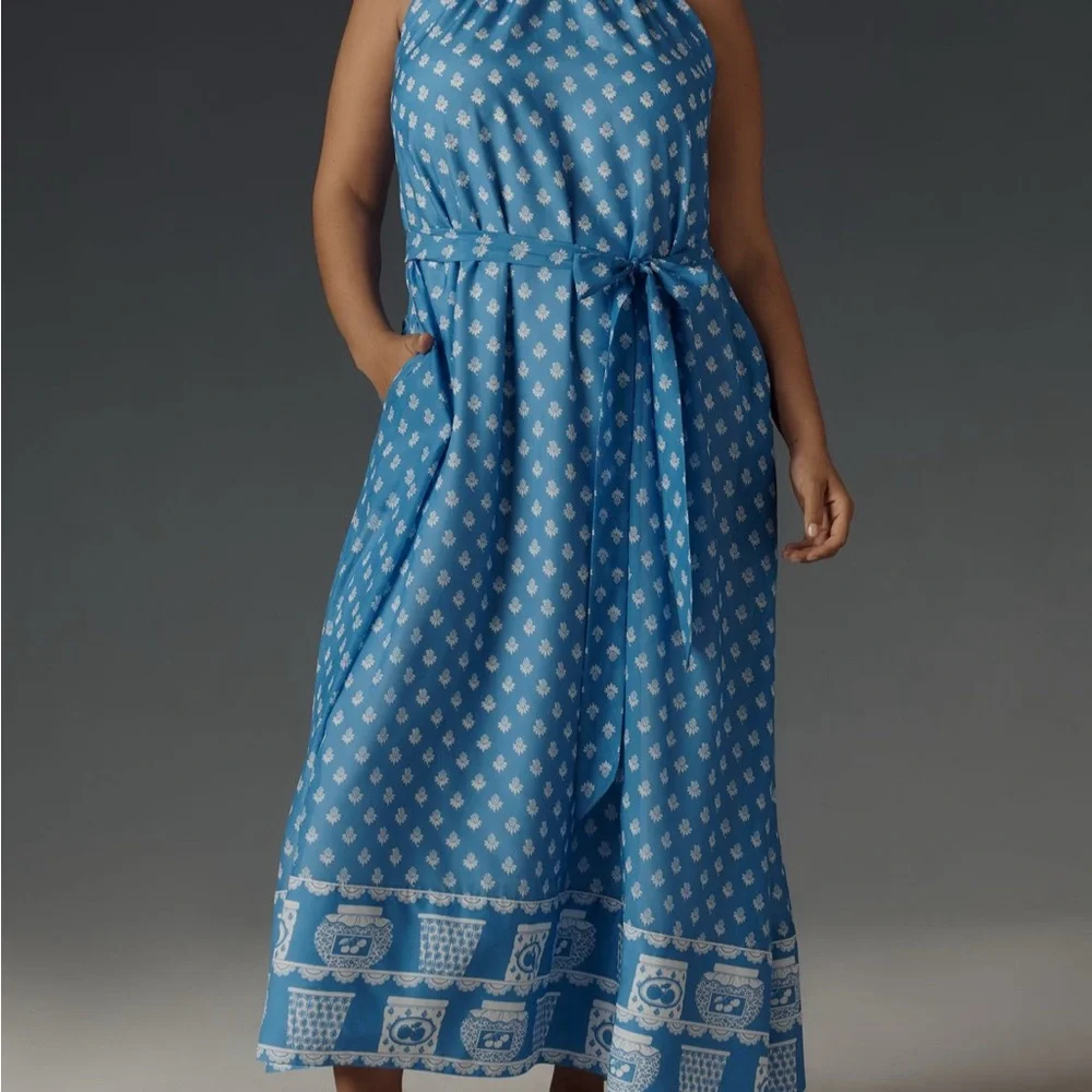 Anthropologie Blue Halter Maxi Dress with Tie Waist-NWT-3x - Picture 2 of 4